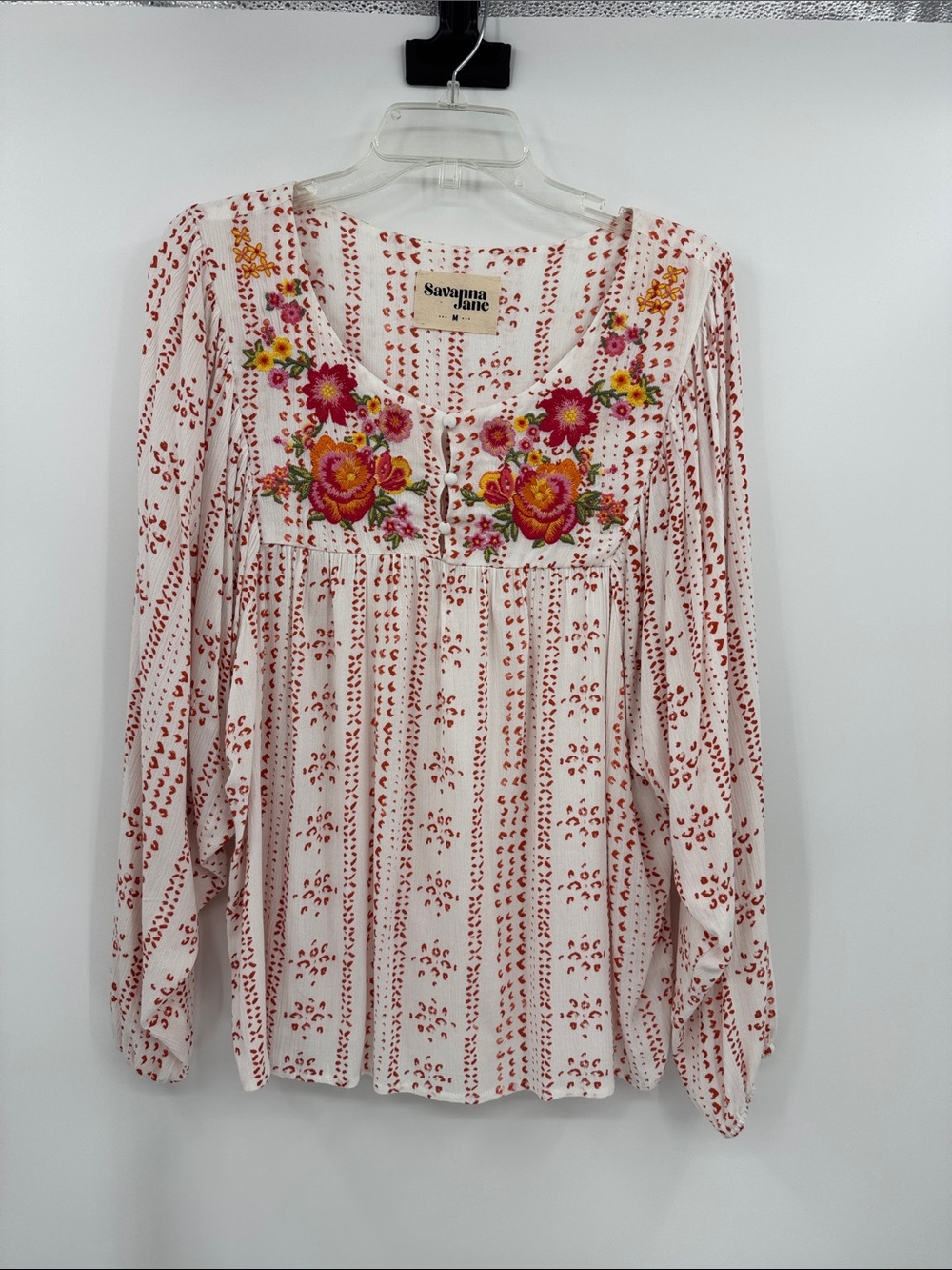 Savanna Jane Embroidered Peasant Top Orange/Pink/Red Puff Sleeves Boho Top Sz M